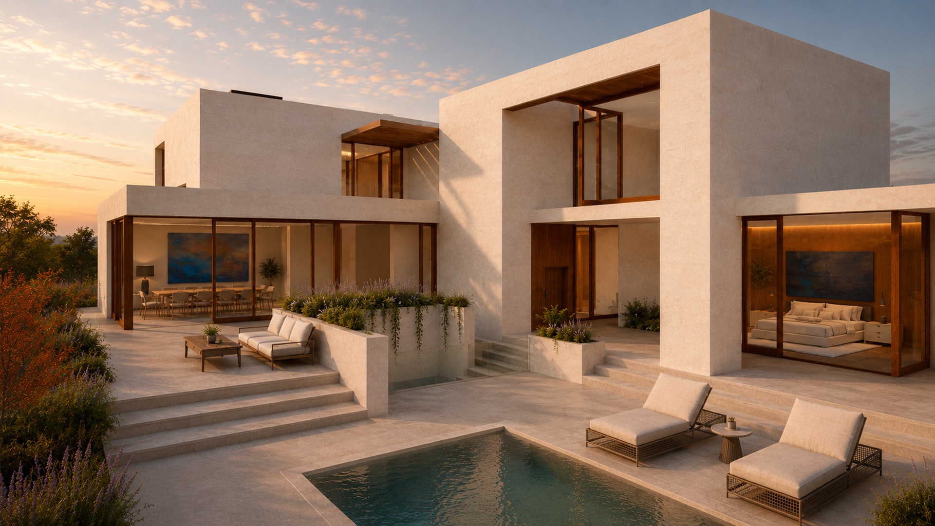 Exterior de villa al atardecer · Centralis