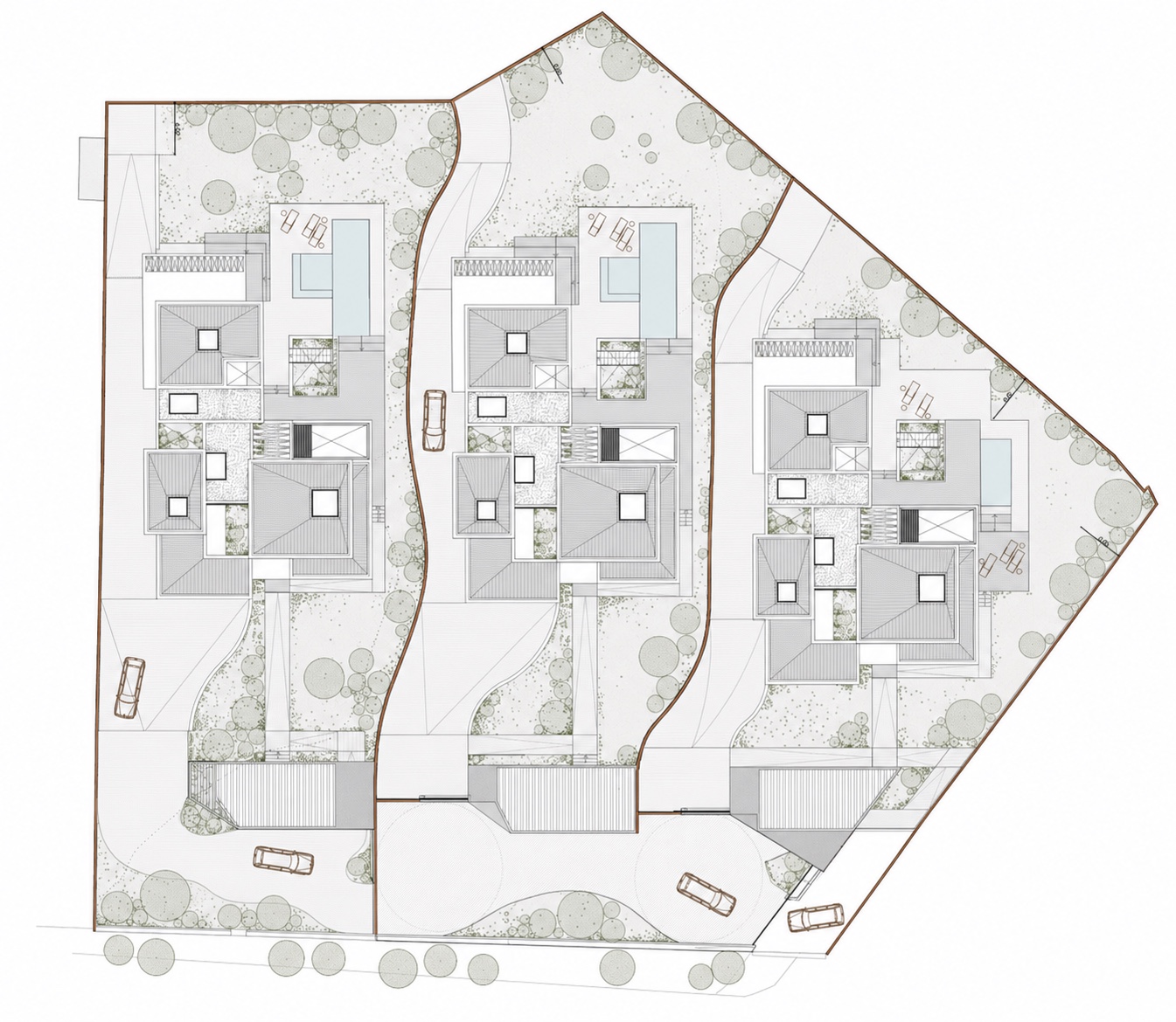 Plano de conjunto — las tres villas y sus parcelas